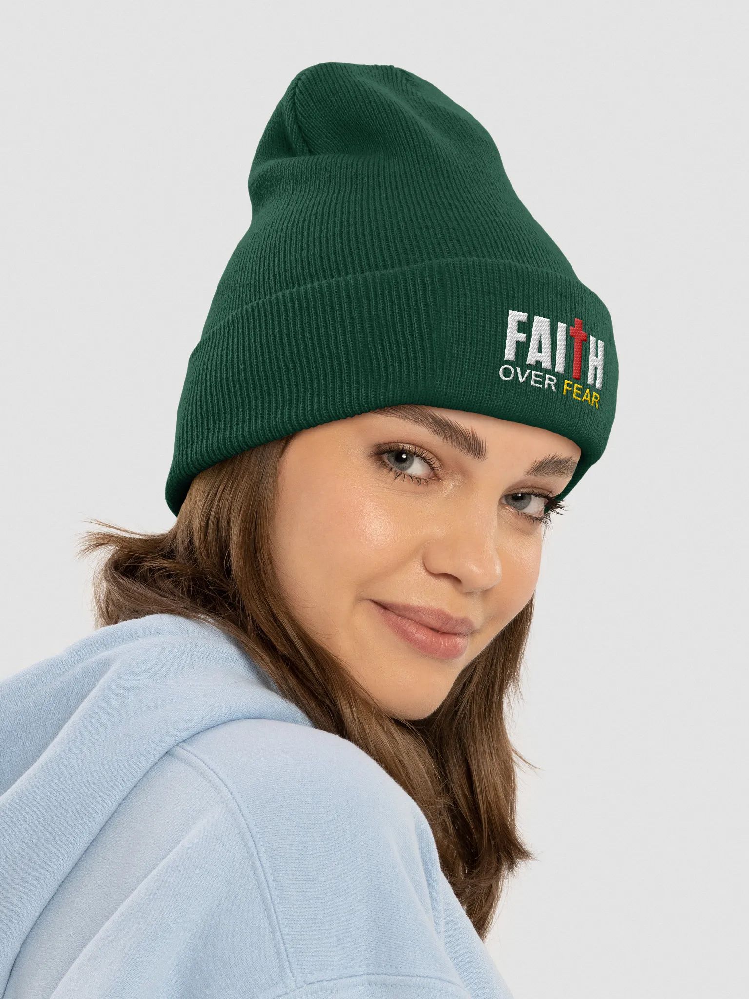 Faith Over Fear beanie for believers facing challenges and decisions