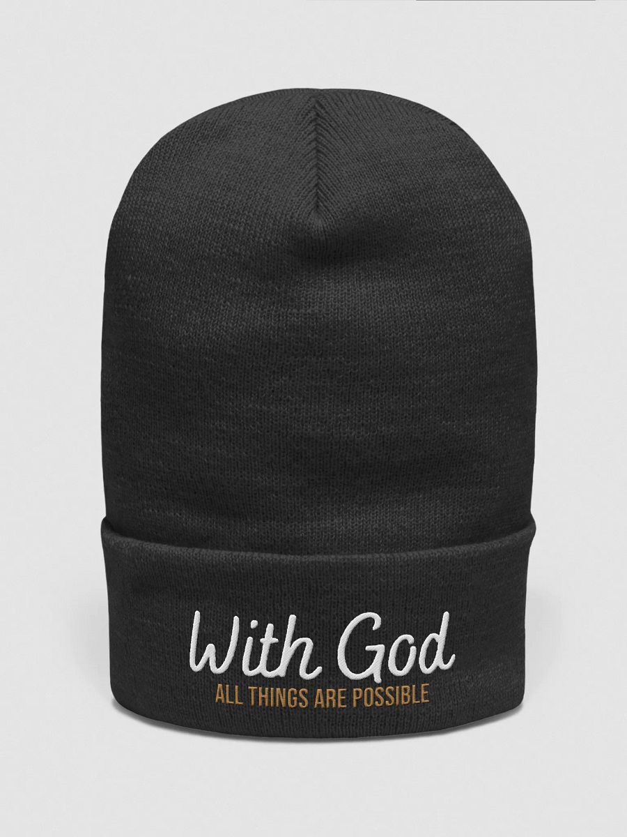 Faith cuffed beanie embroidered with With God All Things Are Possible message