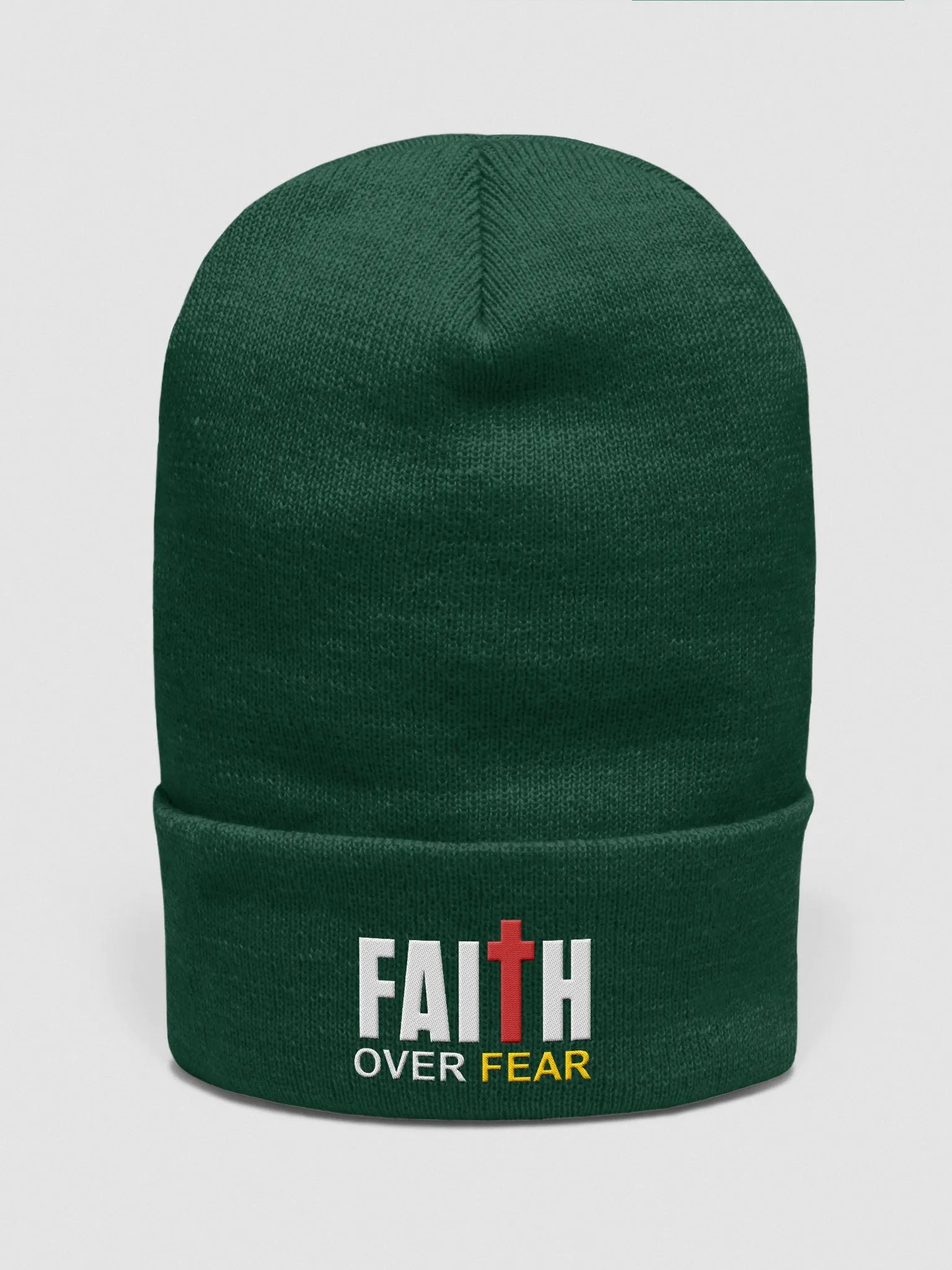 Unisex cuffed beanie with Faith Over Fear embroidery by ChristianWave