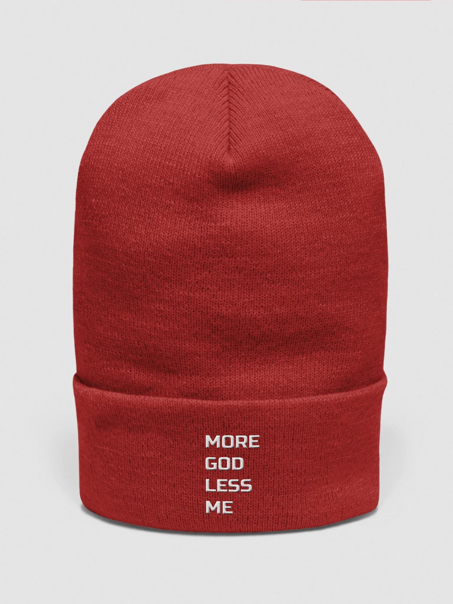 Warm cuffed beanie with More God Less Me embroidered scripture theme