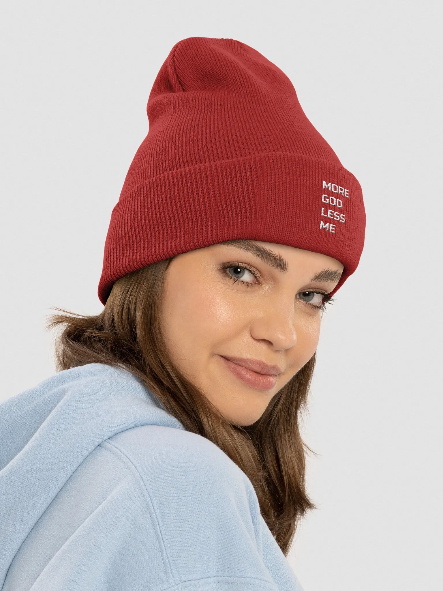 Faith statement winter hat embroidered with More God Less Me motto