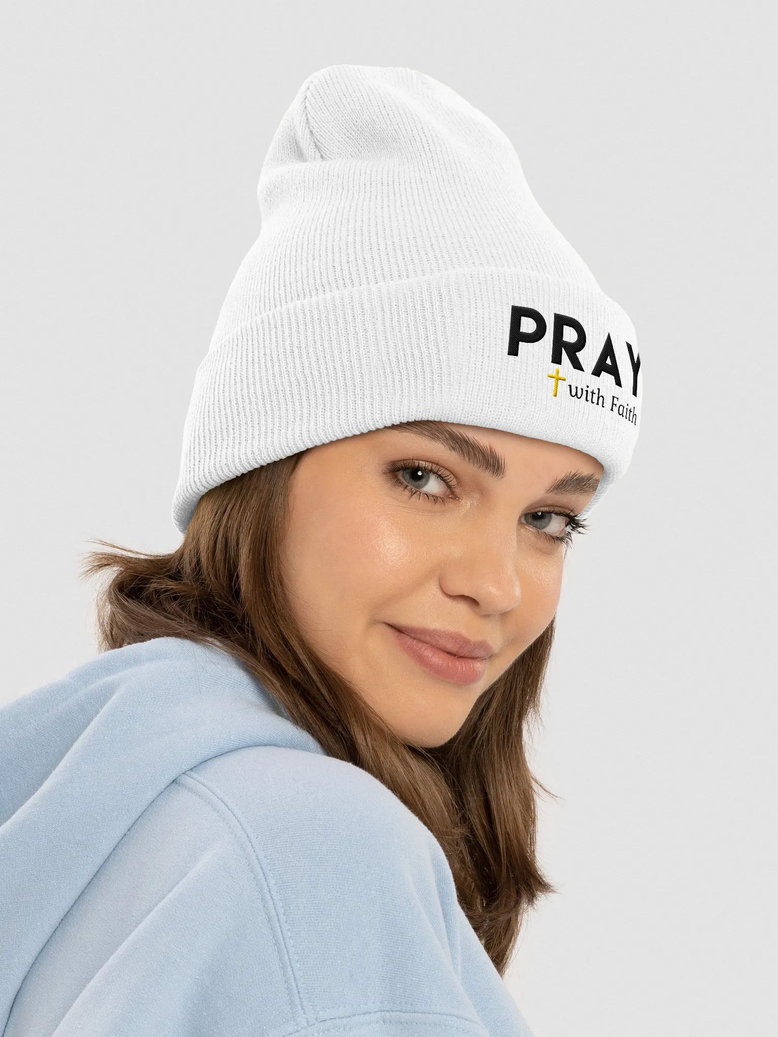 Christian winter beanie featuring faith and prayer embroidery design