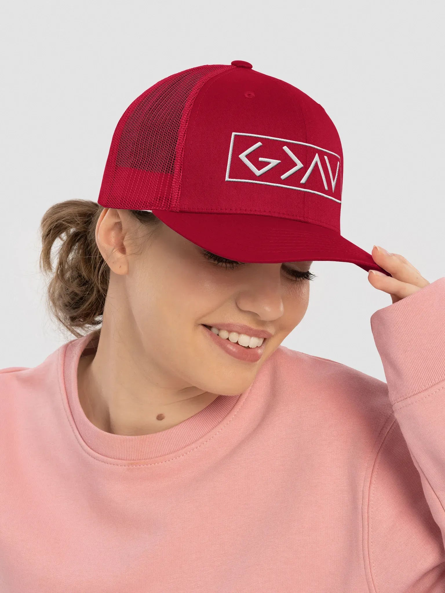 God is Greater than the Highs and Lows Trucker Hat Embroidery