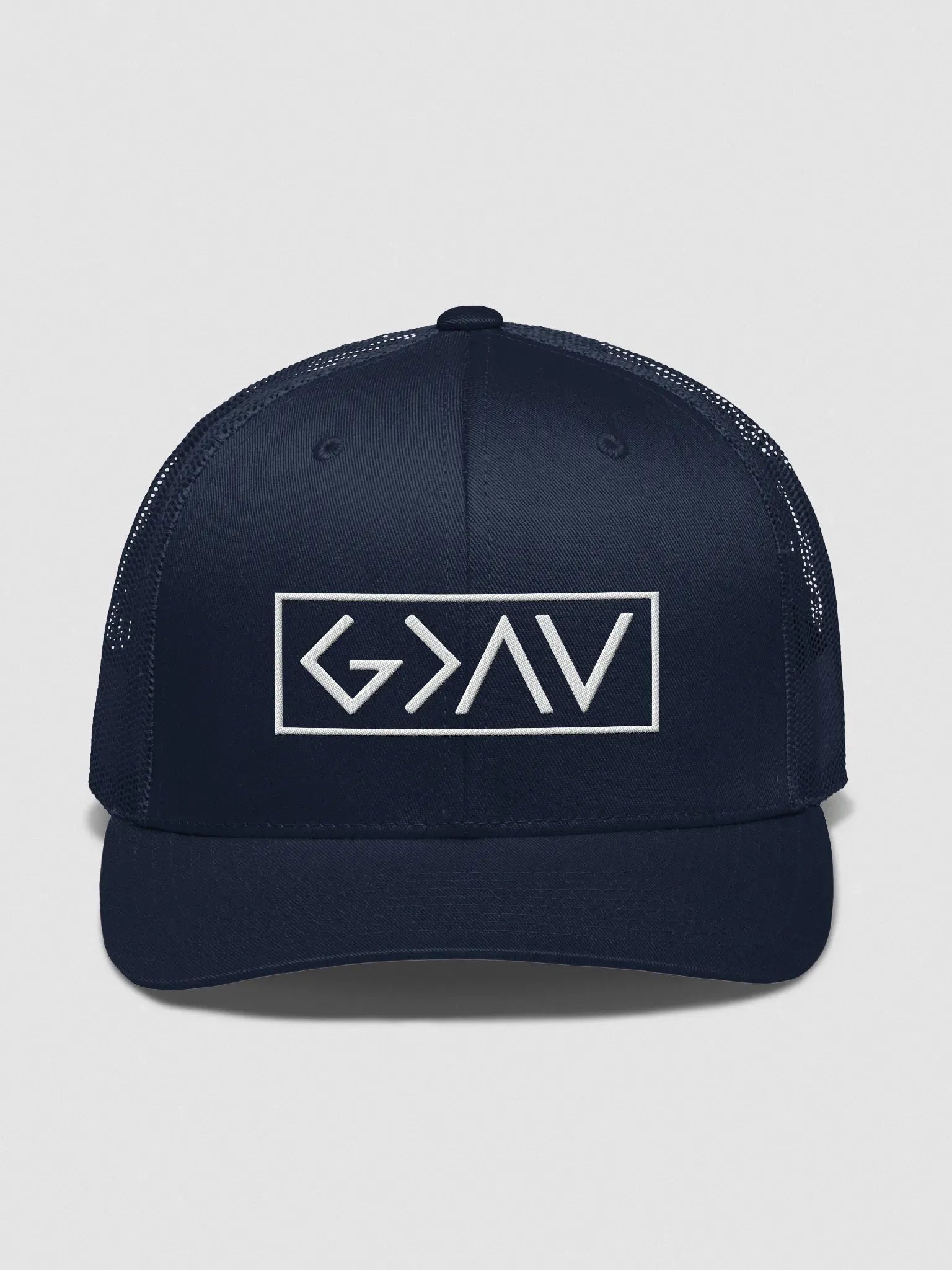 God is Greater than the Highs and Lows Trucker Hat Embroidery