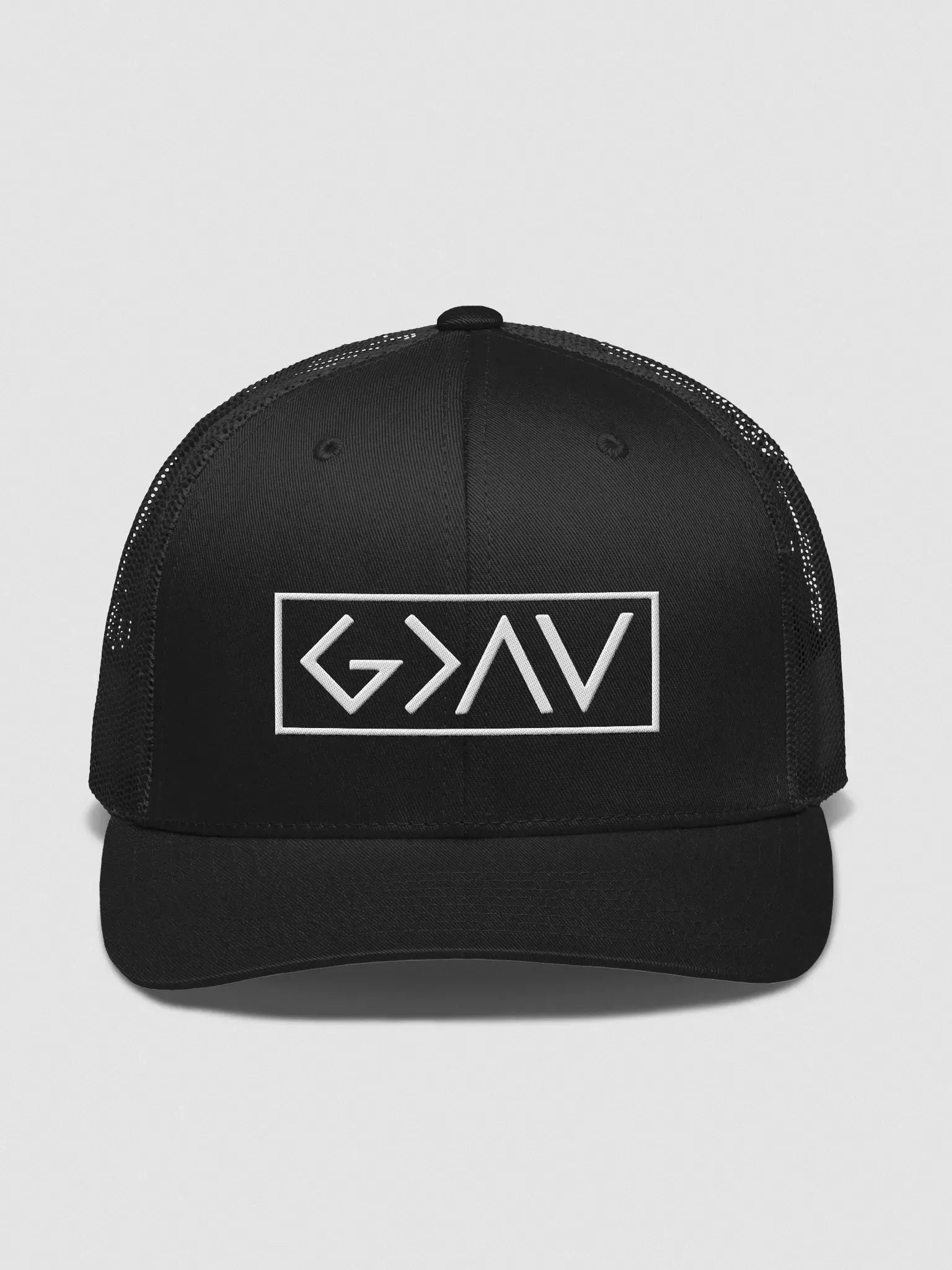 God is Greater than the Highs and Lows Trucker Hat Embroidery