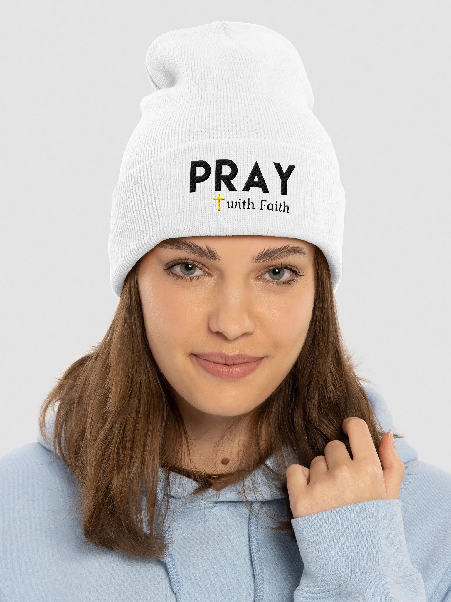 Faith statement cuffed beanie symbolizing trust in God’s power through prayer
