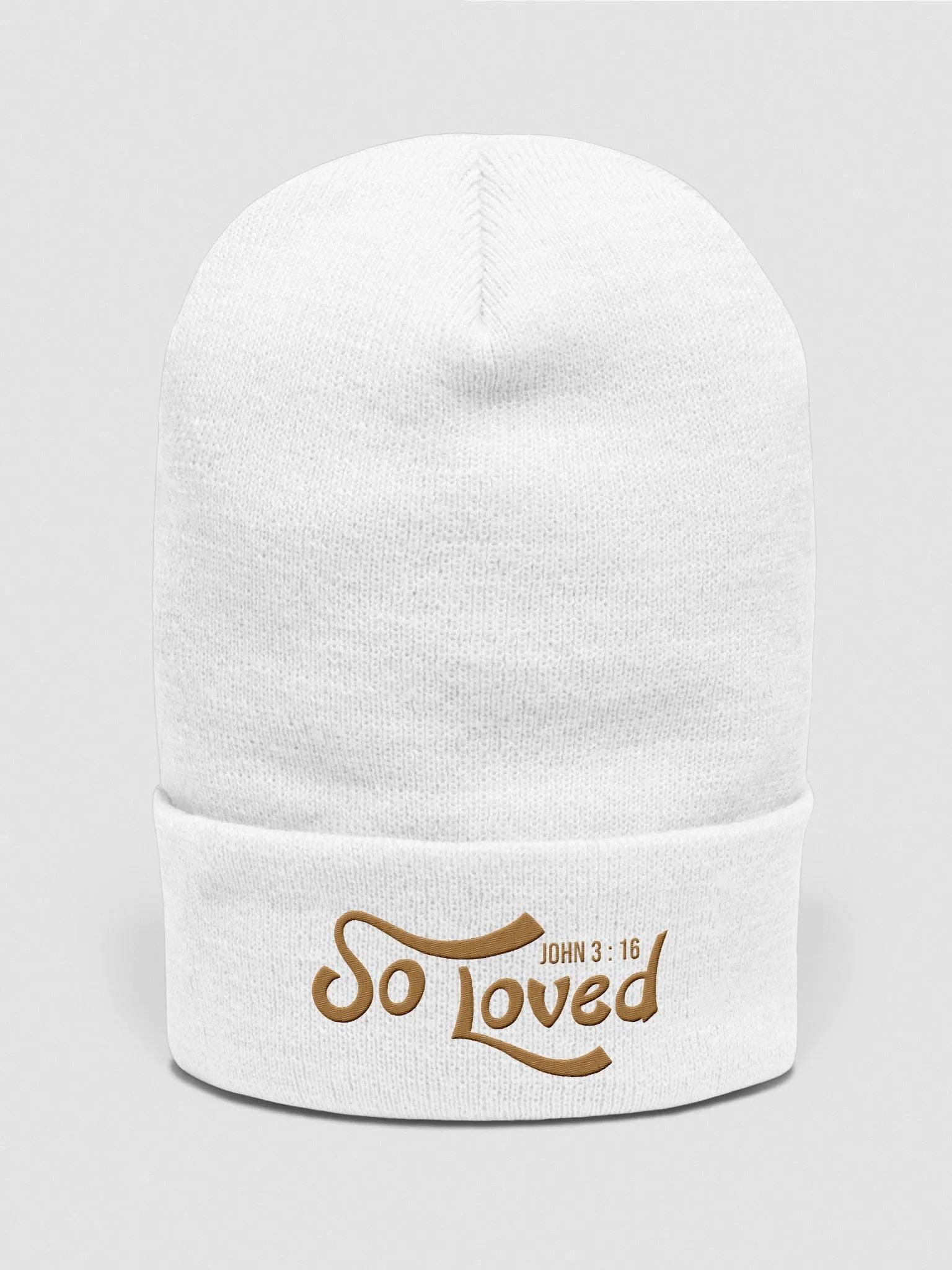 Embroidered faith beanie symbolizing God’s love for the world
