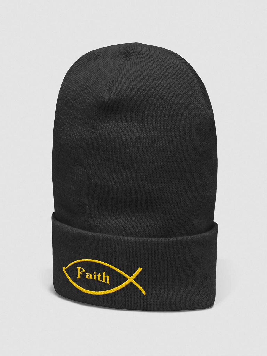 Warm winter hat featuring simple Faith embroidery design