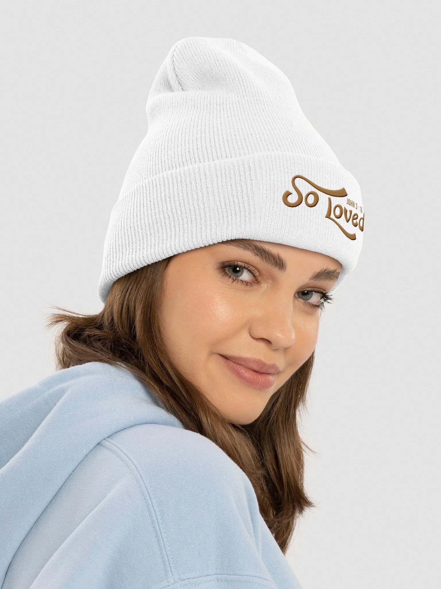 Faith-inspired cuffed beanie featuring scripture about God’s love
