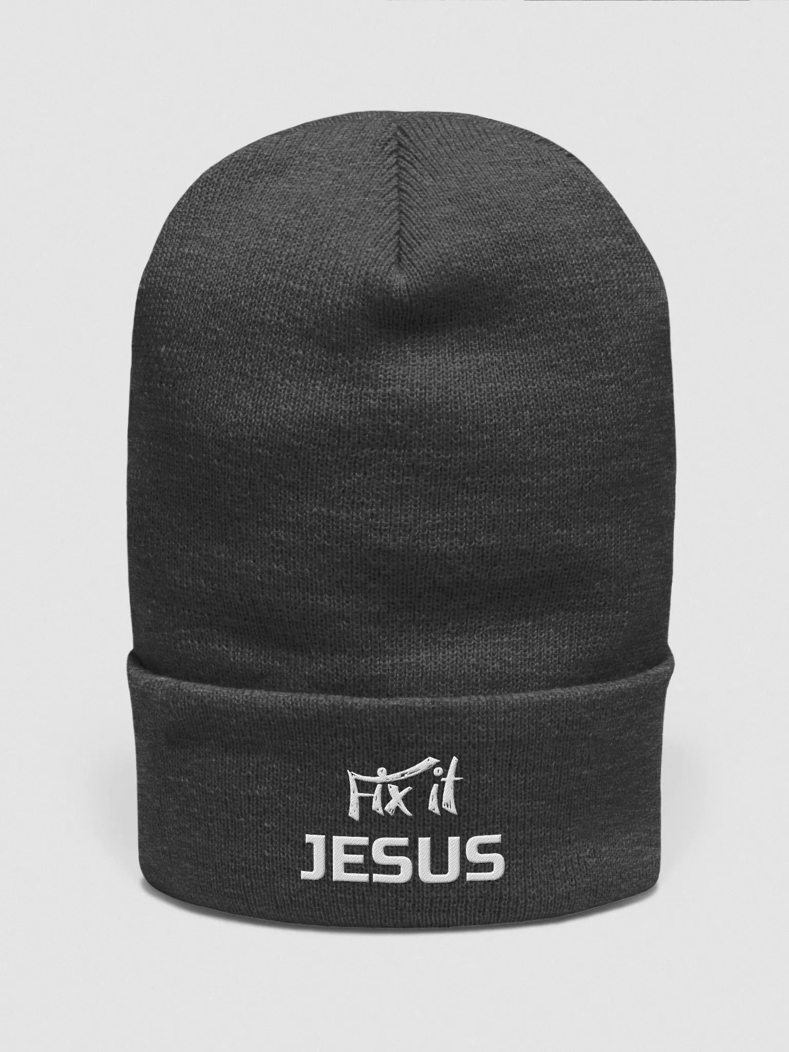 Christian winter beanie with bold Fix It Jesus embroidery design