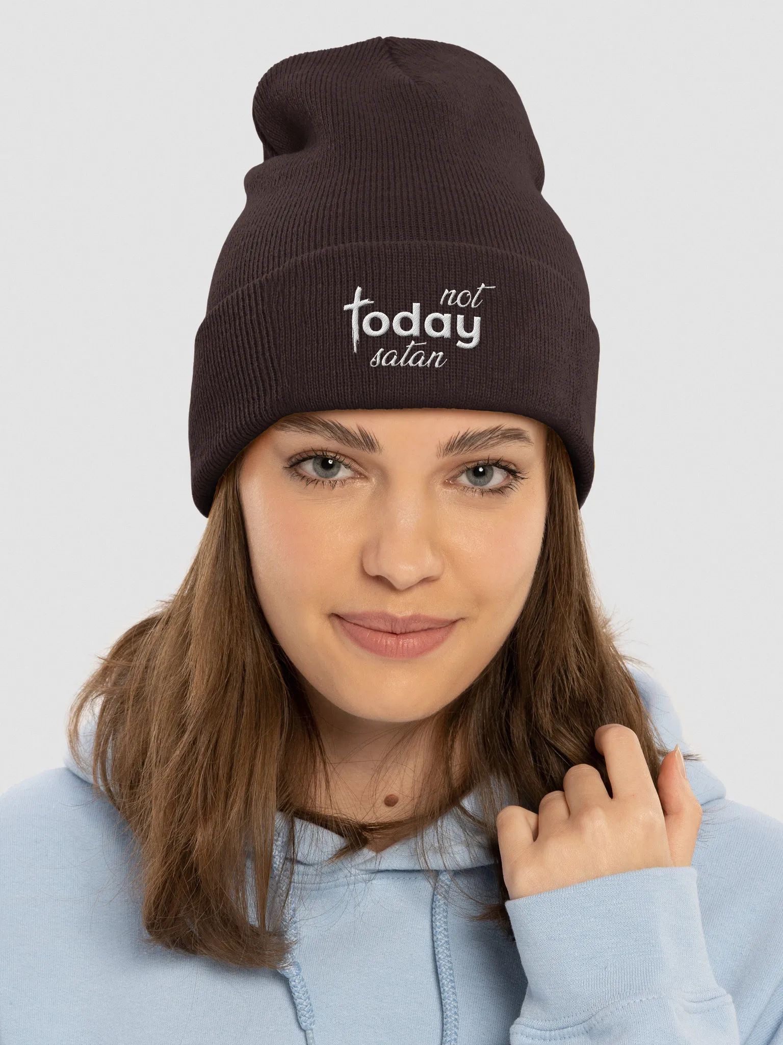 Embroidered cuffed beanie symbolizing victory over temptation