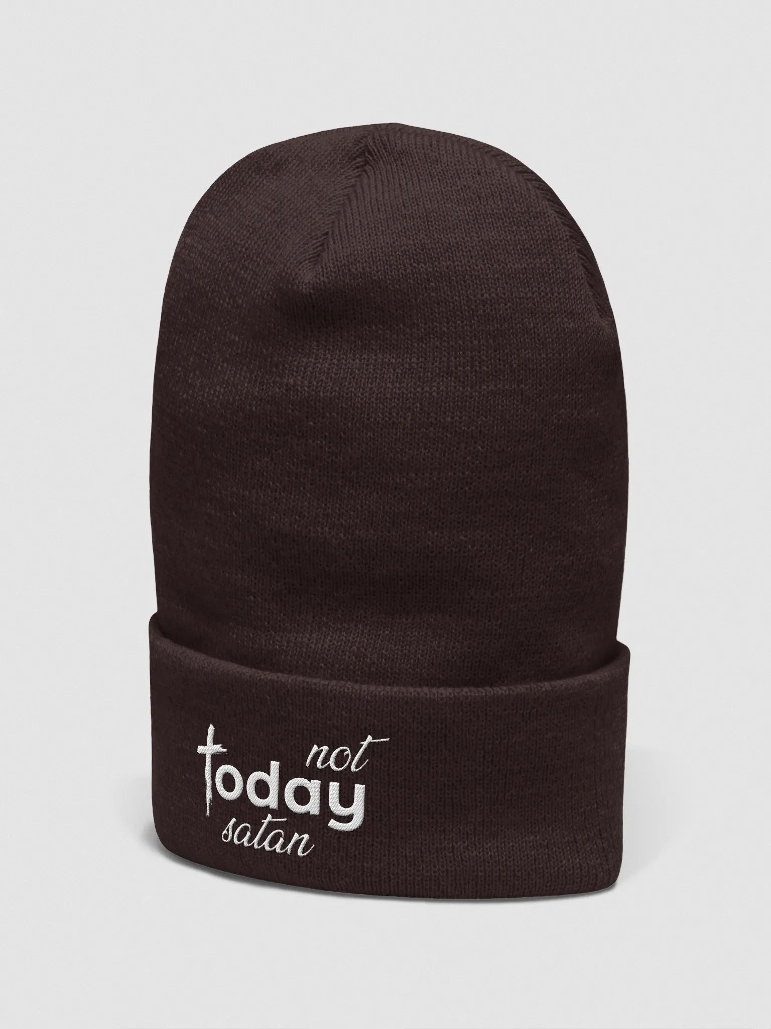 Warm unisex beanie embroidered with Not Today Satan inspirational phrase