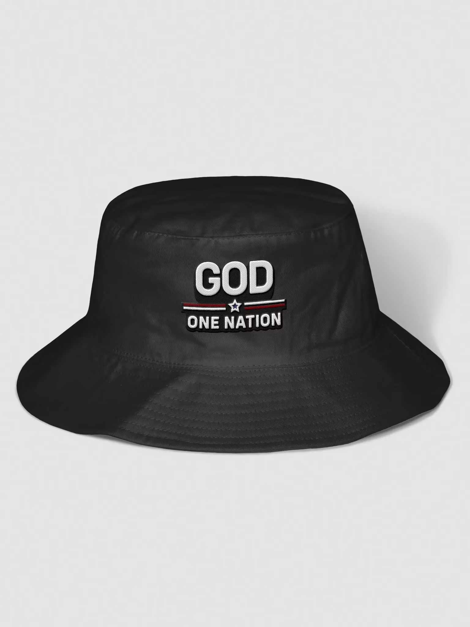 Faith-inspired unisex trucker hat embroidered with God One Nation slogan