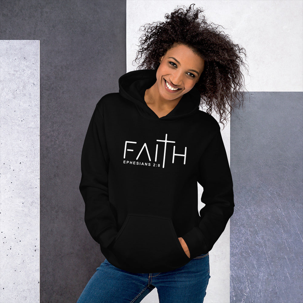 Female model in black Faith Ephesians 2:8 hoodie – perfect faith gift hoodie
