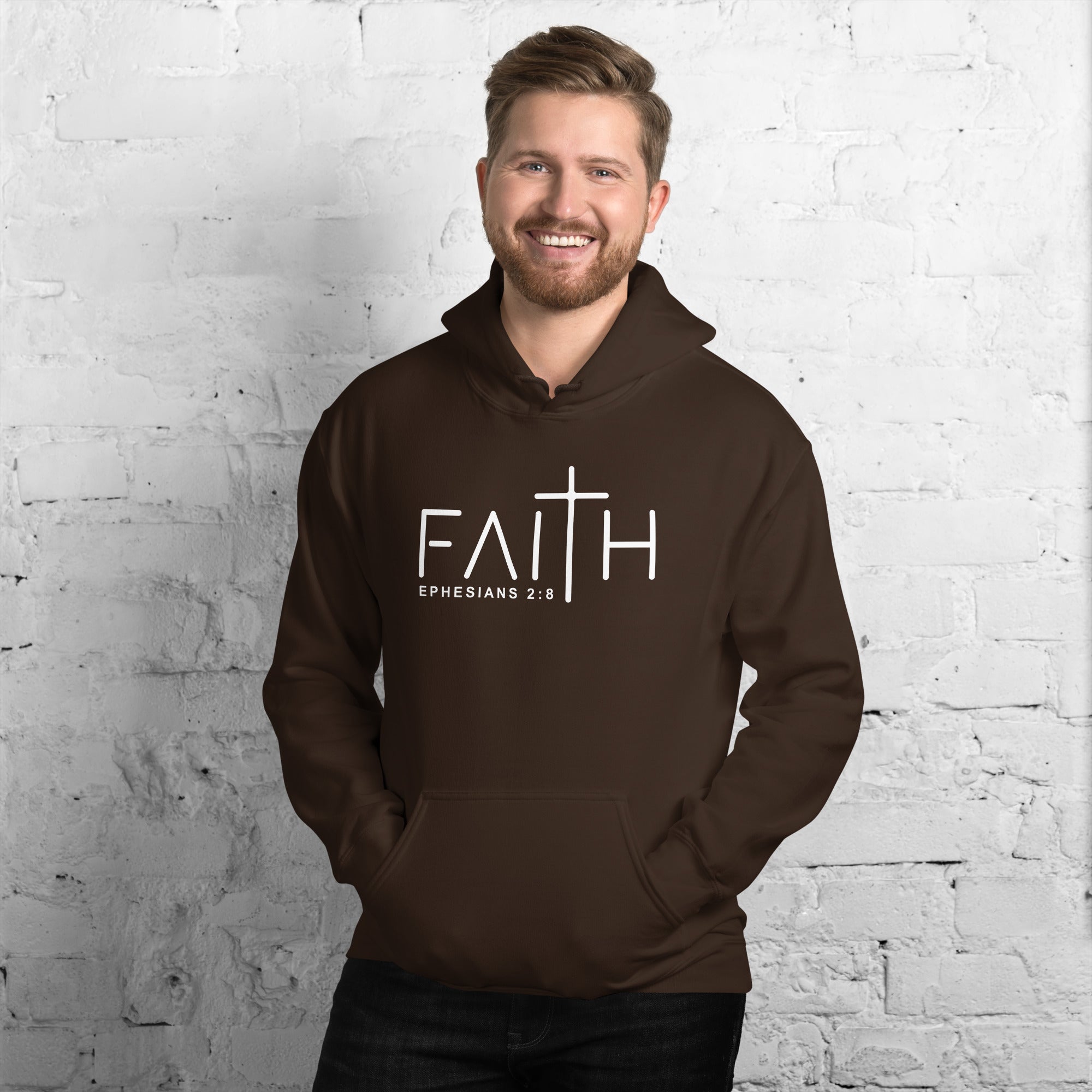 Male model in brown Faith Ephesians 2:8 hoodie – premium Christian sweatshirt