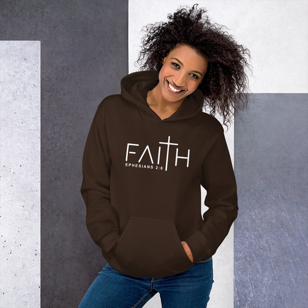 Female model in brown Faith Ephesians 2:8 hoodie – best faith hoodie for sale
